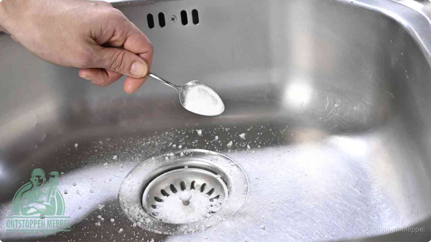 Een hand strooit met een lepel soda in de afvoer van een roestvrijstalen spoelbak, de soda en azijn huismiddel-methode om de afvoer te ontstoppen in Meppel