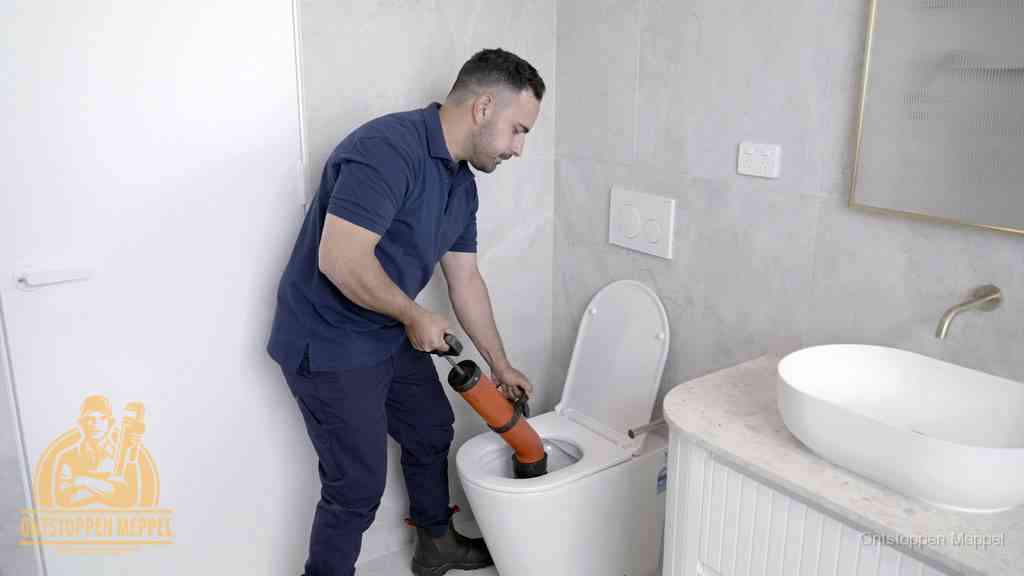 Een monteur gebruikt een handmatige perspomp (toiletontstopper) op een wandcloset tijdens het professioneel wc ontstoppen in Meppel Een monteur gebruikt een handmatige perspomp (toiletontstopper) op een wandcloset tijdens het professioneel wc ontstoppen in Meppel