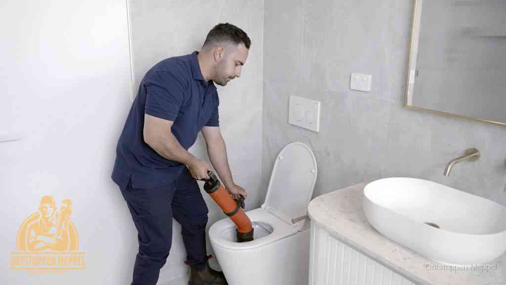 Een man gebruikt een handmatige luchtdruk-ontstopper in een modern betegeld toilet om zelf de wc te ontstoppen in Meppel Een man gebruikt een handmatige luchtdruk-ontstopper in een modern betegeld toilet om zelf de wc te ontstoppen in Meppel